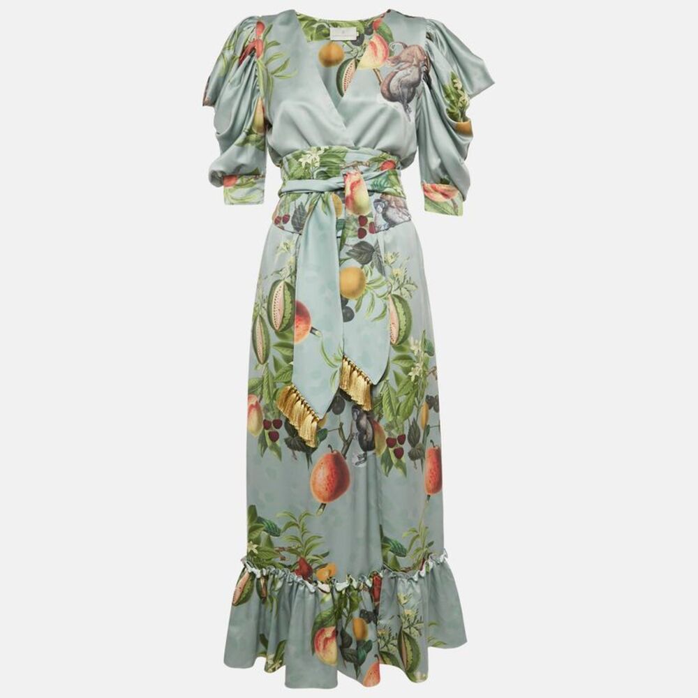 Eugenia Fernandez Sage Green Printed Satin Palma Maxi Dress Xs